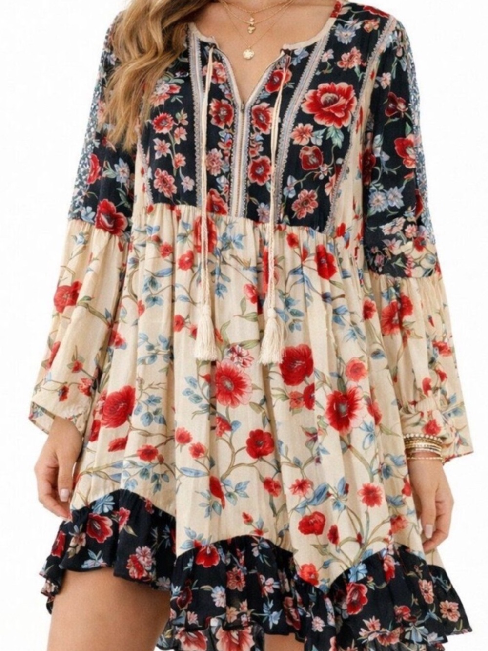 Patrons of Peace Floral Empire Mini Dress in Cream and Black with Red Flowers